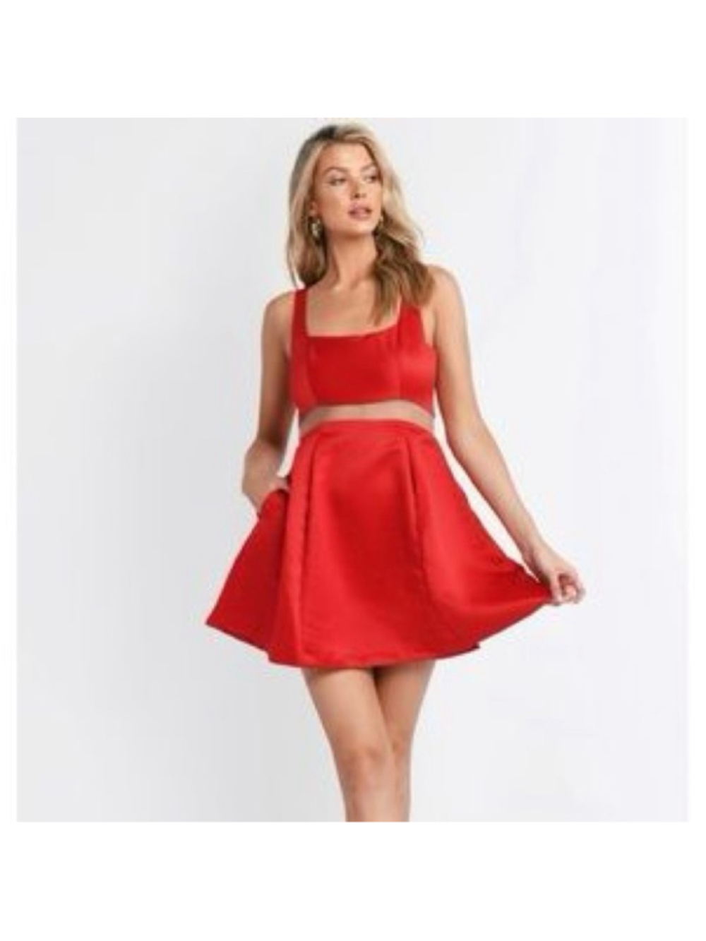 NEW Tobi Red Satin Mesh Waist Square Neck Skater Dress Size M